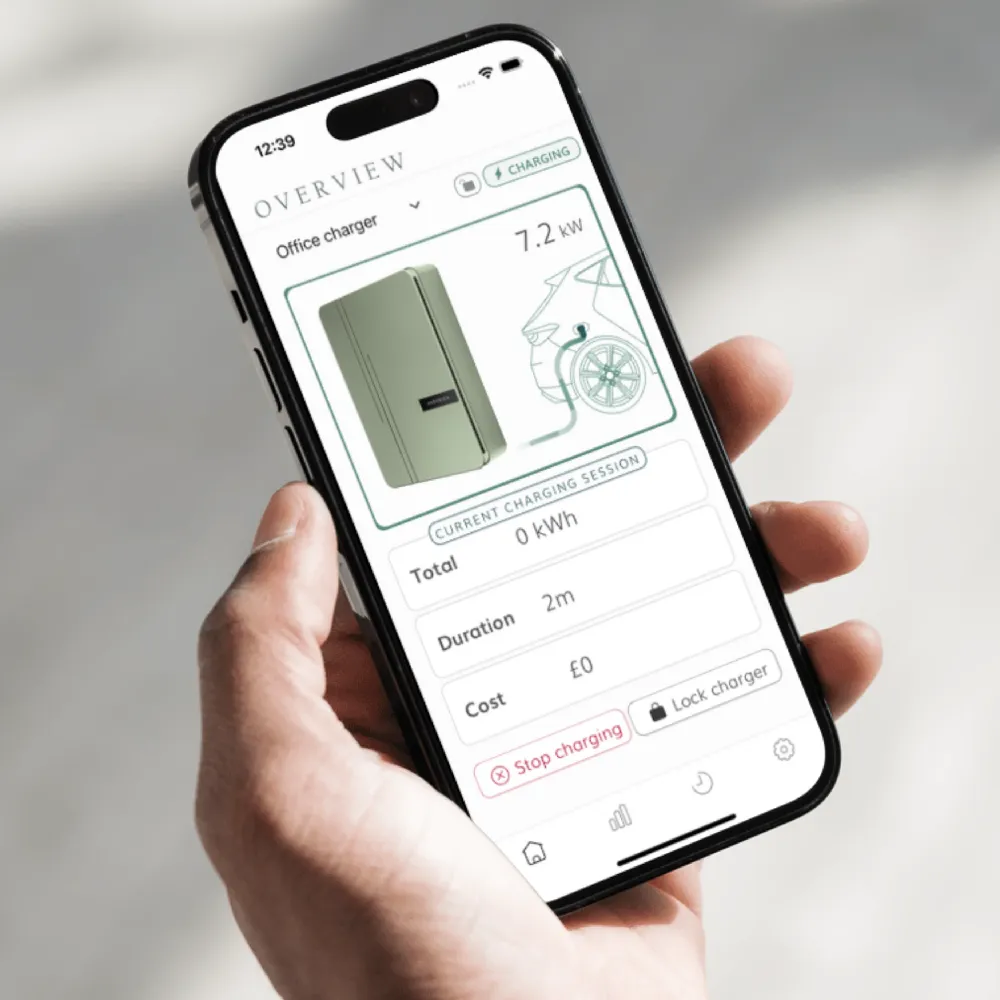 Smartphone displaying Andersen EV charger interface with real-time charging data, showing 7.4kW session in progress.